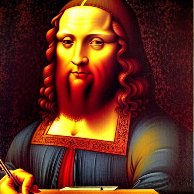 leonardo da vinci with computer. creating in photoshop. hyperdetailed, warm colors, movie poster, photoillustration, oil on canvas, lens flare