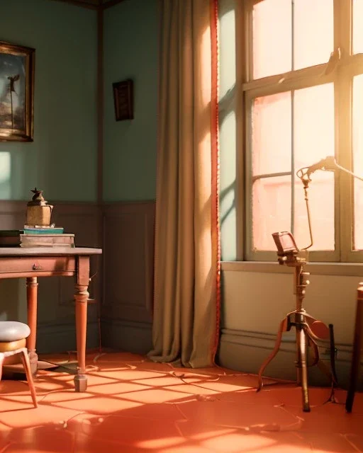 Room scene with sit woman, Wes Anderson style, realistic photo, concept art, smooth, unreal engine 5, god lights, ray tracing, RTX, lumen lighting, ultra detail, volumetric lighting, 3d.