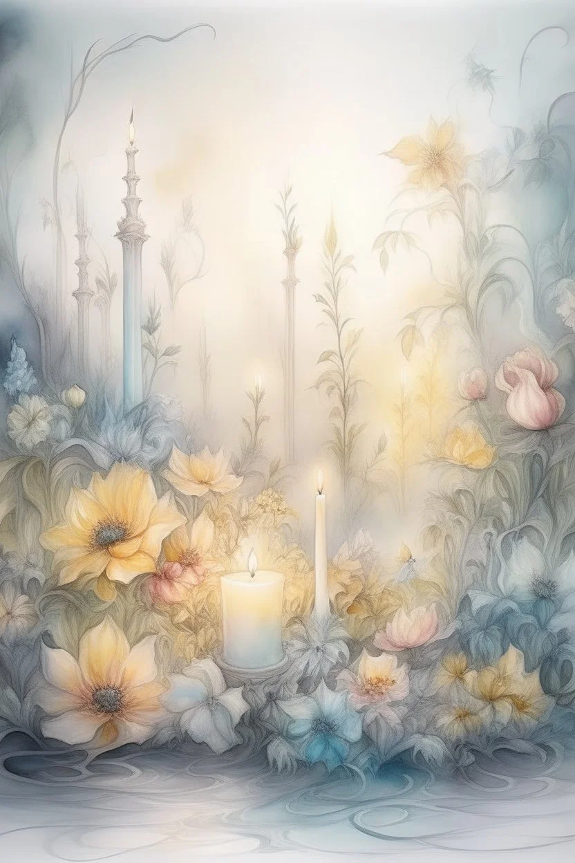 magic Watercolor, color, flowers, candles, purification from ghosts, subtle black ink drawing, several landscapes, collage, fog, many details,delicate sensuality, realistic, high quality,3d, work of art, hyperdetalization, professionally, filigree, hazy haze, hyperrealism, professionally, transparent, delicate pastel tones, backlight from behind, contrast, fantastic, fabulous, unreal, translucent, glowing,clear lines, horror,epic, hyperrealism.