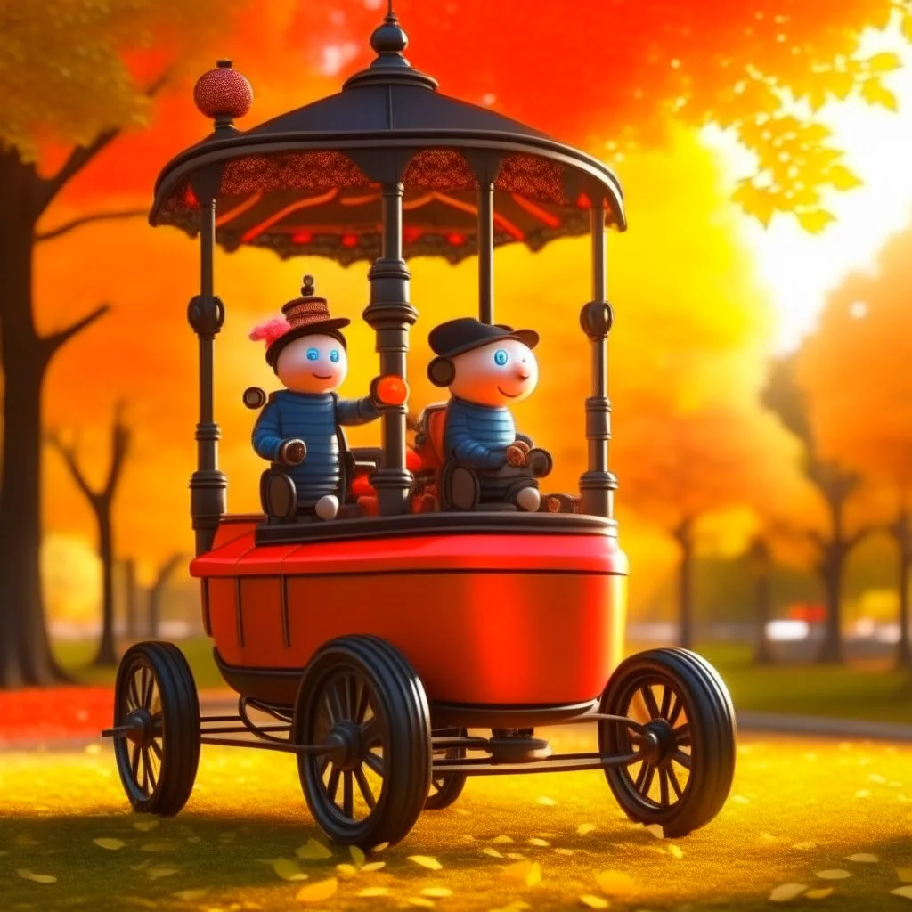 the cute adorable advanced carbon bot with child stroller, on a carousel through the seasons, hills and trees, motion blur, 8k, downlight, soft light, depth of field, photorealism, trending on art station, lotsa detail