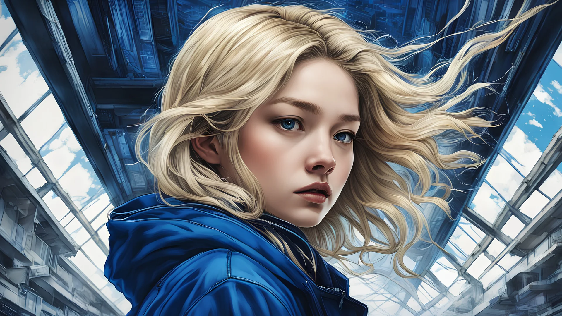 Thoughts fly higher than the roof, Beautiful portrait painted by Katsushika Hokusai, beautiful blonde girl in cyberpunk style, symmetry, hyper-detailed, illustration of dark blue tones, photorealism, 3d, 64k, high resolution, hyperrealism, f/16, 1/300 s.