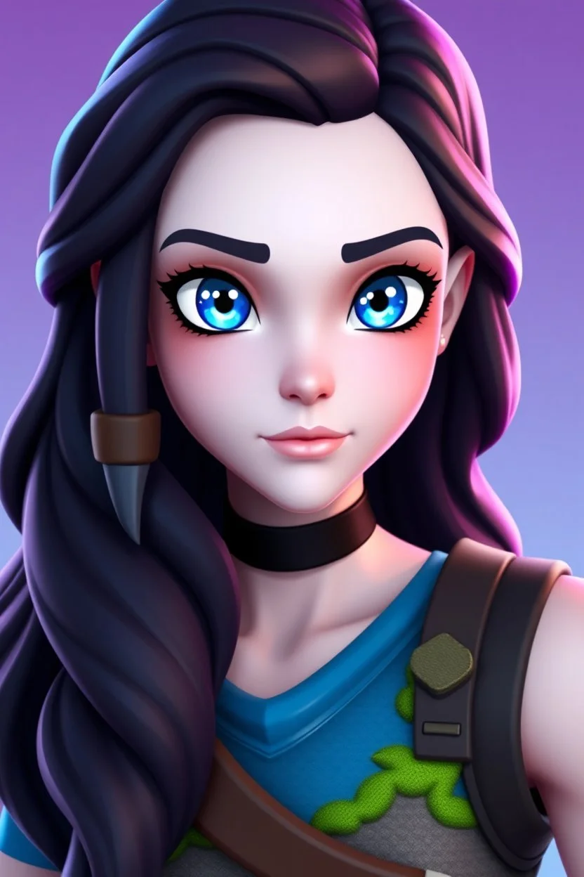 Beautiful; stunning; Blue eyes, long wavy black hair, pale skin character in fortnite (fortnite video game), (vivid), ((fortnite cartoon character)), fortnite animation, fortnite skin, (magic mosses map), full body shot, bright and dynamic coloring, (fortnite epic games), semi realistic
