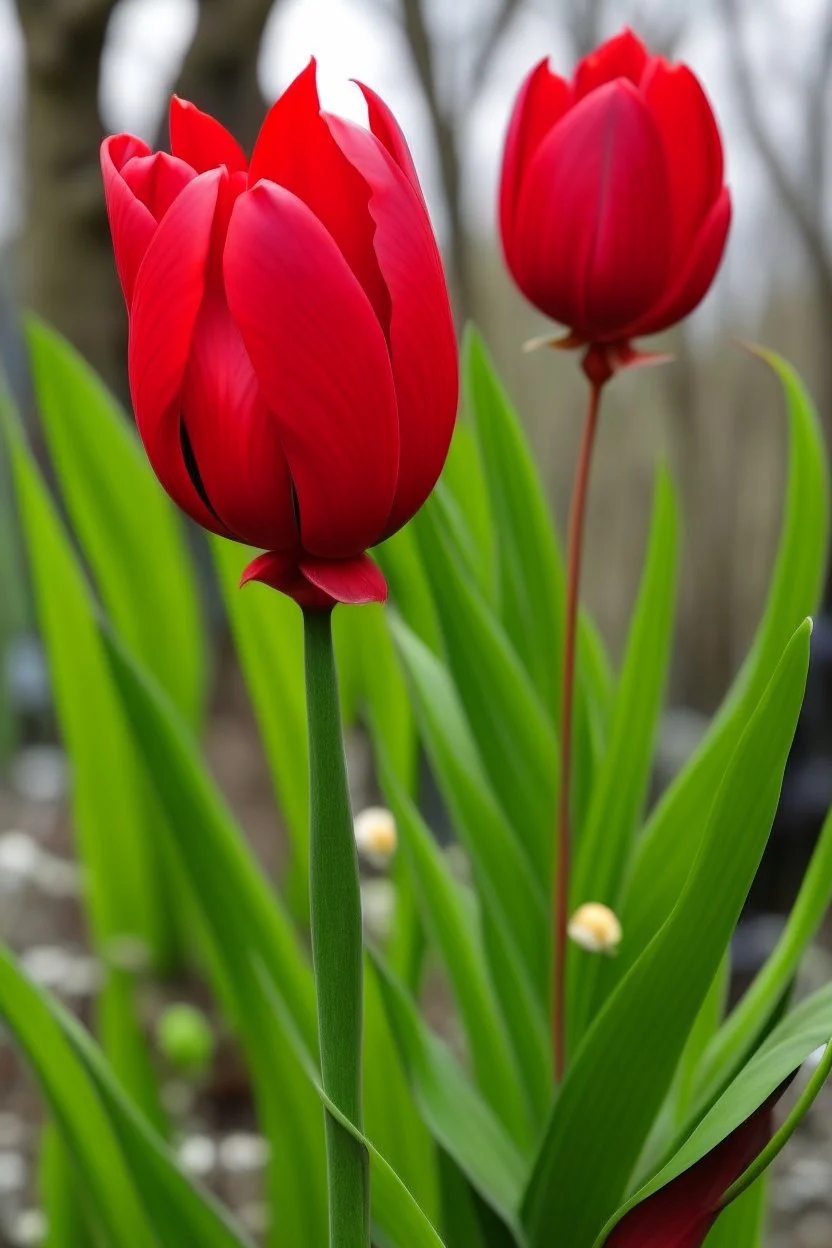 A large red tulip with several branches of a small red tulip