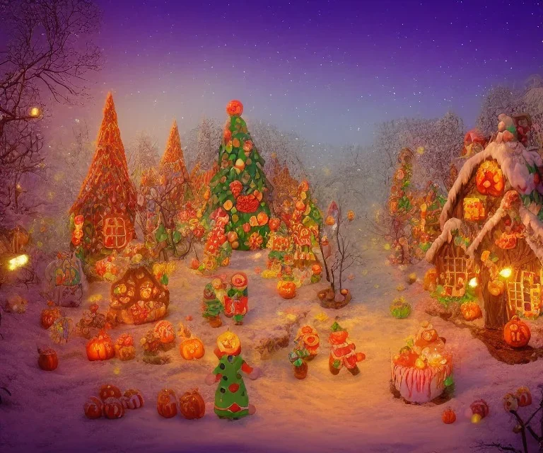 gingerbread candy village, colorful, fantasy, fairytale, intricate, forest, fireflies, flowers, halloween, christmas, hansel and gretel, bokeh, medium shot, visually stunning, depth of field 100mm ( cinematic scene, studio lighting, matte painting, concept art, trending on artstation, artgerm, cgsociety )