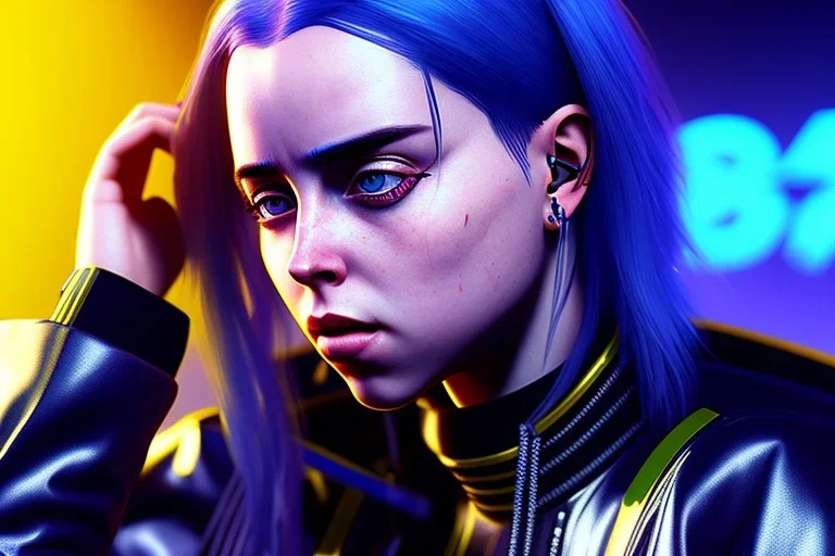 Billie Eilish, on stage with guitar, cyberpunk2077, realistic, not to be distinguished from a photo, identical pupils, photorealistic illustration