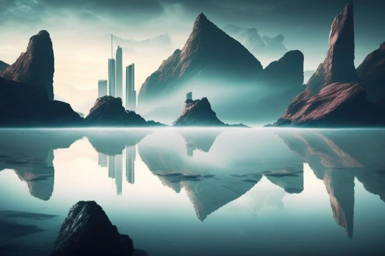 distant modern city, sea, mist, rocks, lake reflection, epic, sci-fi, movie poster