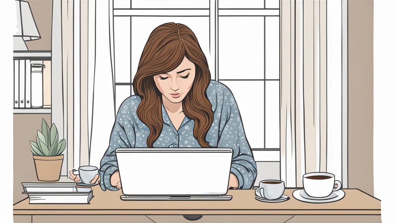 photo a woman hiding under bed and working on a laptop, she has half-length brown hair and wearing pajamas , pale light, half socks and a mug of coffee next to her, high detalied, sharp focus, high realistic photo, perfect shot