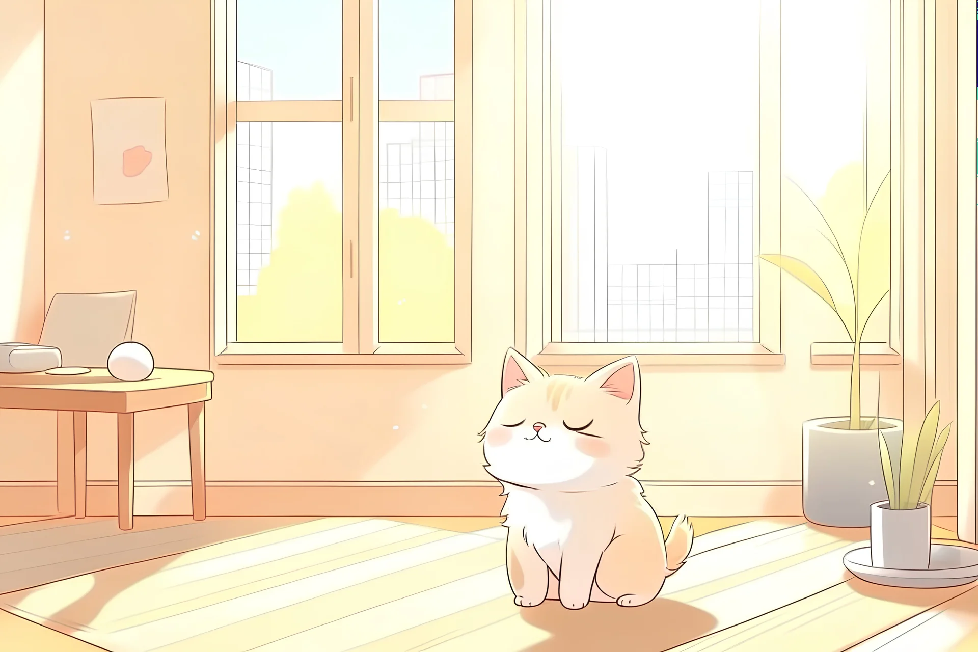 cute fluffy chibi beige cat measuring fever in a modern room in sunshine