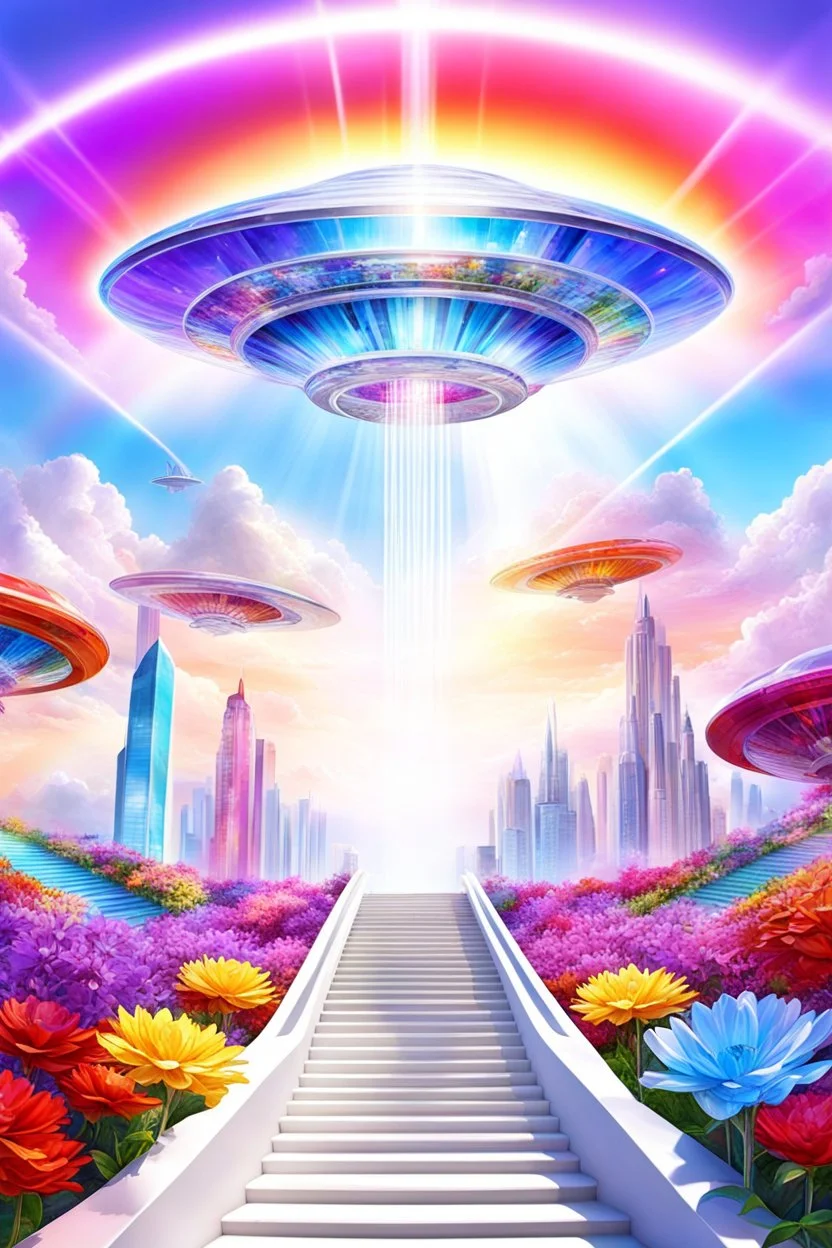 Ufo rainbow, futuriste ultra moderne,stairway to heaven,crystal very beautiful city,flowers garden,angels