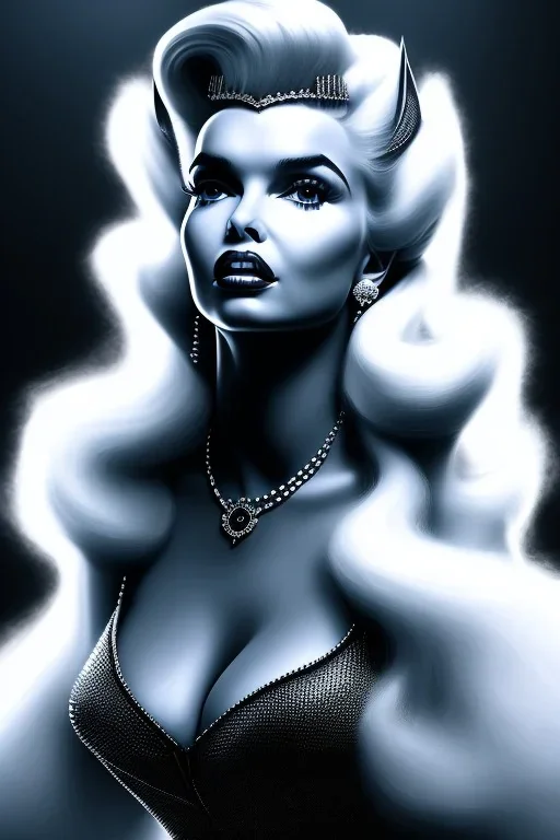 portrait of jayne mansfield as evil queen in black leather, angry, stern look, volumetric lighting, particales,highly detailed,cinematic, deep colours,8