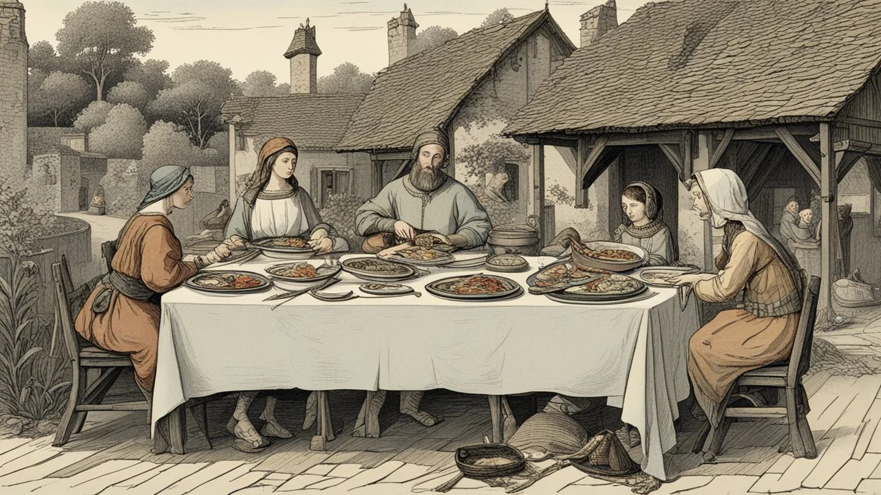 The fisherman is having a fish dinner at his home with his wife and three daughters in the Middle Ages