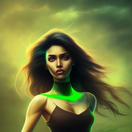 portrait, fantasy setting, woman, dark-skinned, indian, green hair, brown skin, black hair