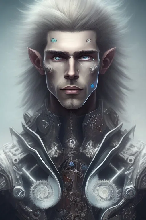 emaciated quadriplegic, dark elf, male teenager, with pointy earlobes, long white hairdo, blue irises, steampunk exoskeleton powered by gears,, fantasy style