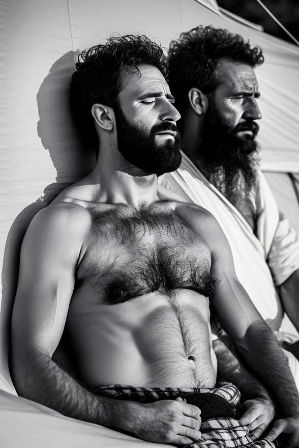 close up photography of two men sleeping on their stomachs , bearded ugly brawn 60-year-old rough beefy burly big scars bullneck arab tourist guides wearing traditional clothes, bulge, manly chest, photorealistic, sunlight, ambient occlusion, strong side light , sitting in a camping tent in the desert