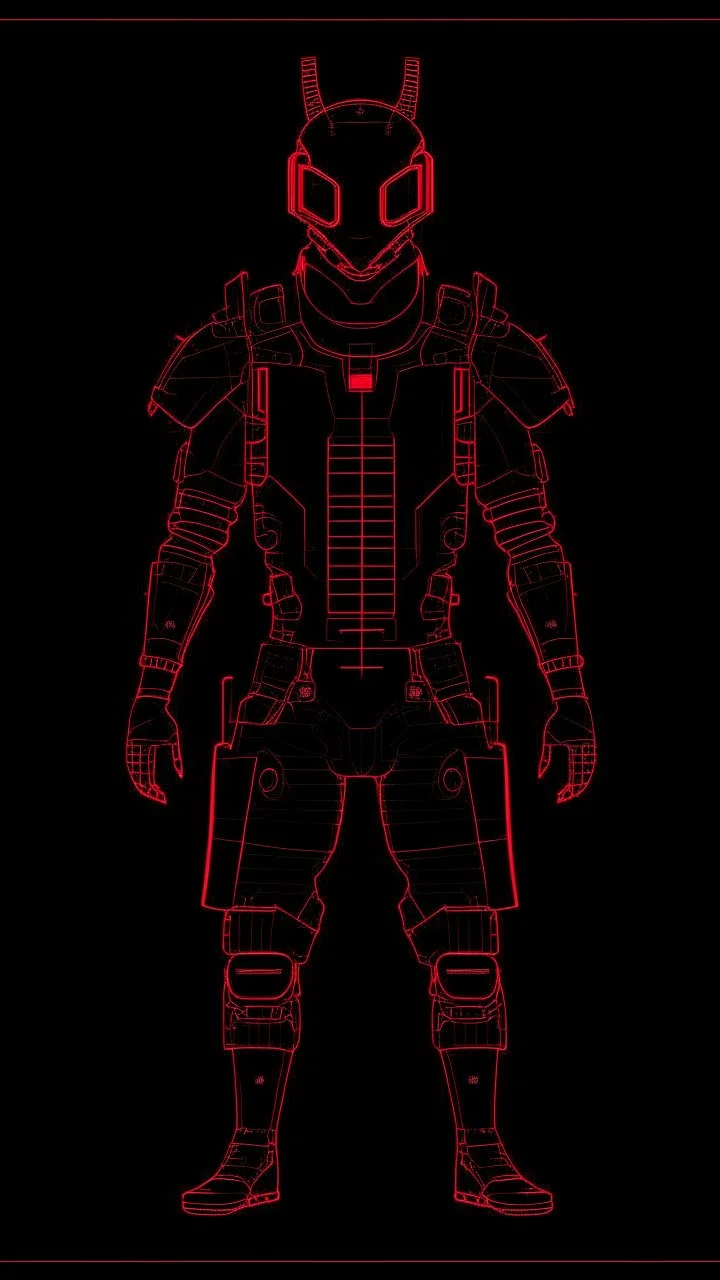 dibujo de contorno de un Samurái negro y rojo con traje cyberpunk full body