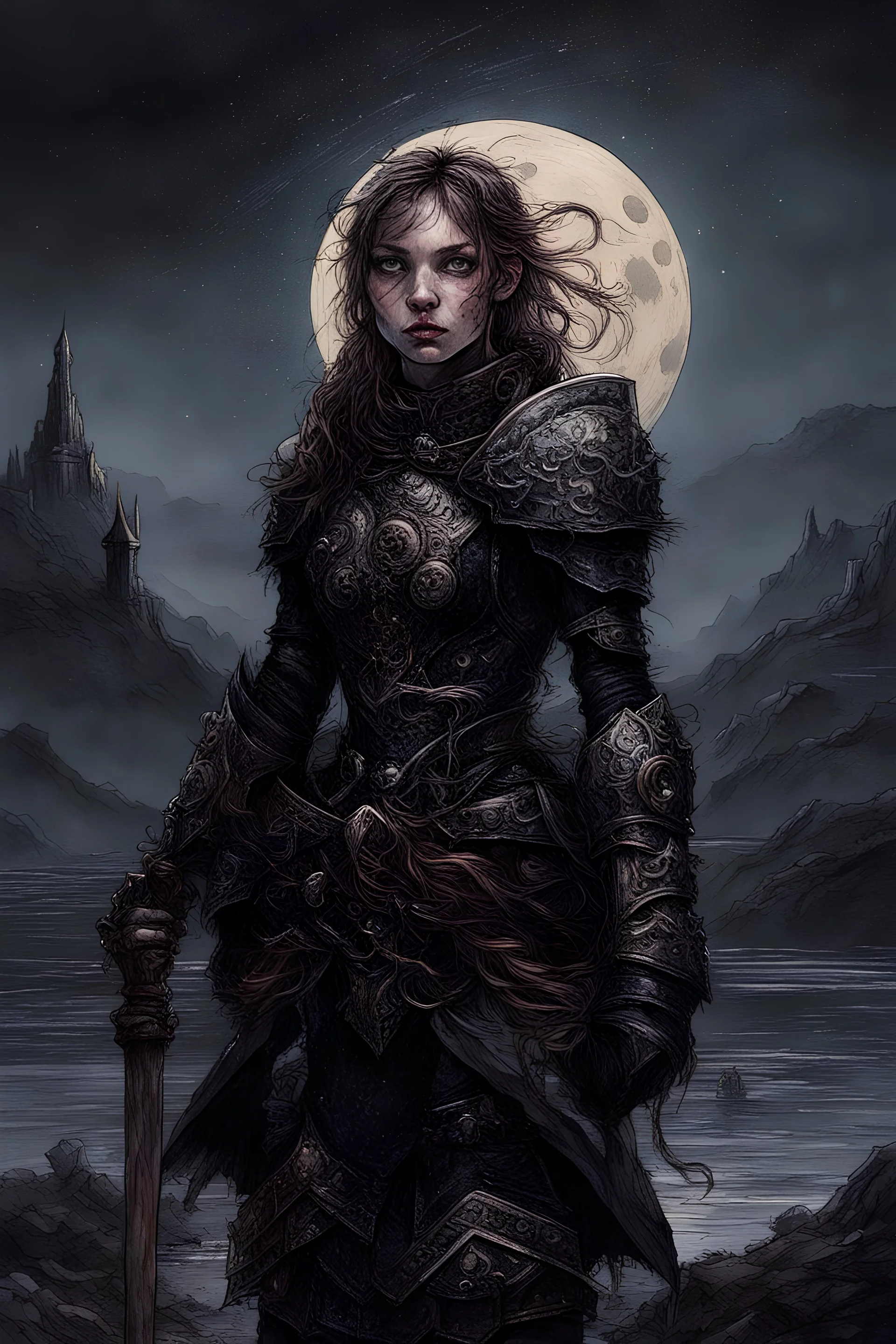 A formidable warrior girl in black armor, against the background of an amazing gloomy landscape, flooded with the light of two moons, mountains, trees, a fabulous scary landscape, juicy emotions, painting, dark fantasy, gloomy day, dark world, portrait, Gothic Town At Night, Fantasy, Intricate Details, Castle Courtyard Gardens, Hyper Detailed, Jean Baptiste Monge, Carne Griffiths, Michael Garmash, Seb Mckinnon, Masterpiece