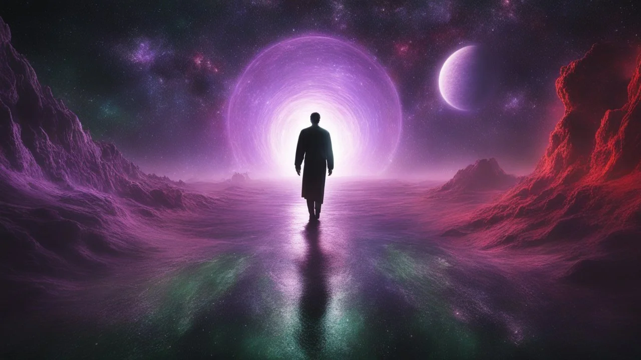 matrix universe, space, planets, god creation walking on light, purple, dark green and red