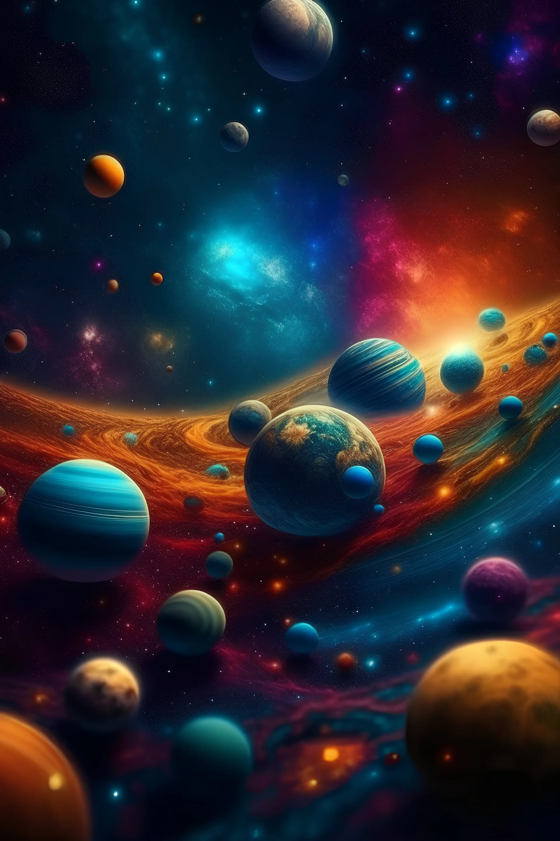 56. space, galaxy, cluster of large planets in one place, in the center of the planet "time", nebulae at the edges of the galaxy, hyperrealism, microdetalization, surreal, detailed, 3d, 8k, colorful, professional photo, HDR, hyper detail, realistic, high resolution, quality, accuracy, clarity, sharpness