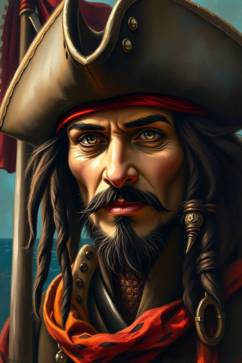 an expressive painting of the pirate of the Caribbean face with the pirates flag in the background, might see a companion with features of absolute strength and determination, blended with warmth and deep faith. Perhaps his head expresses wisdom and courage, with eyes radiating confidence and faith.