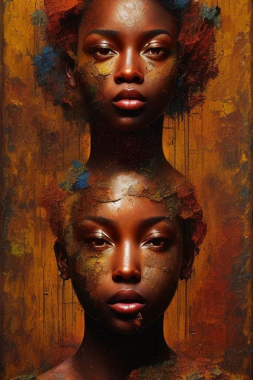 an abstract painting of rusted metal, african portrait, rust, scaffolding, iron cladding, decay, mixed media, textured, anatomically correct, beautiful perfect face, sharp focus, highly detailed