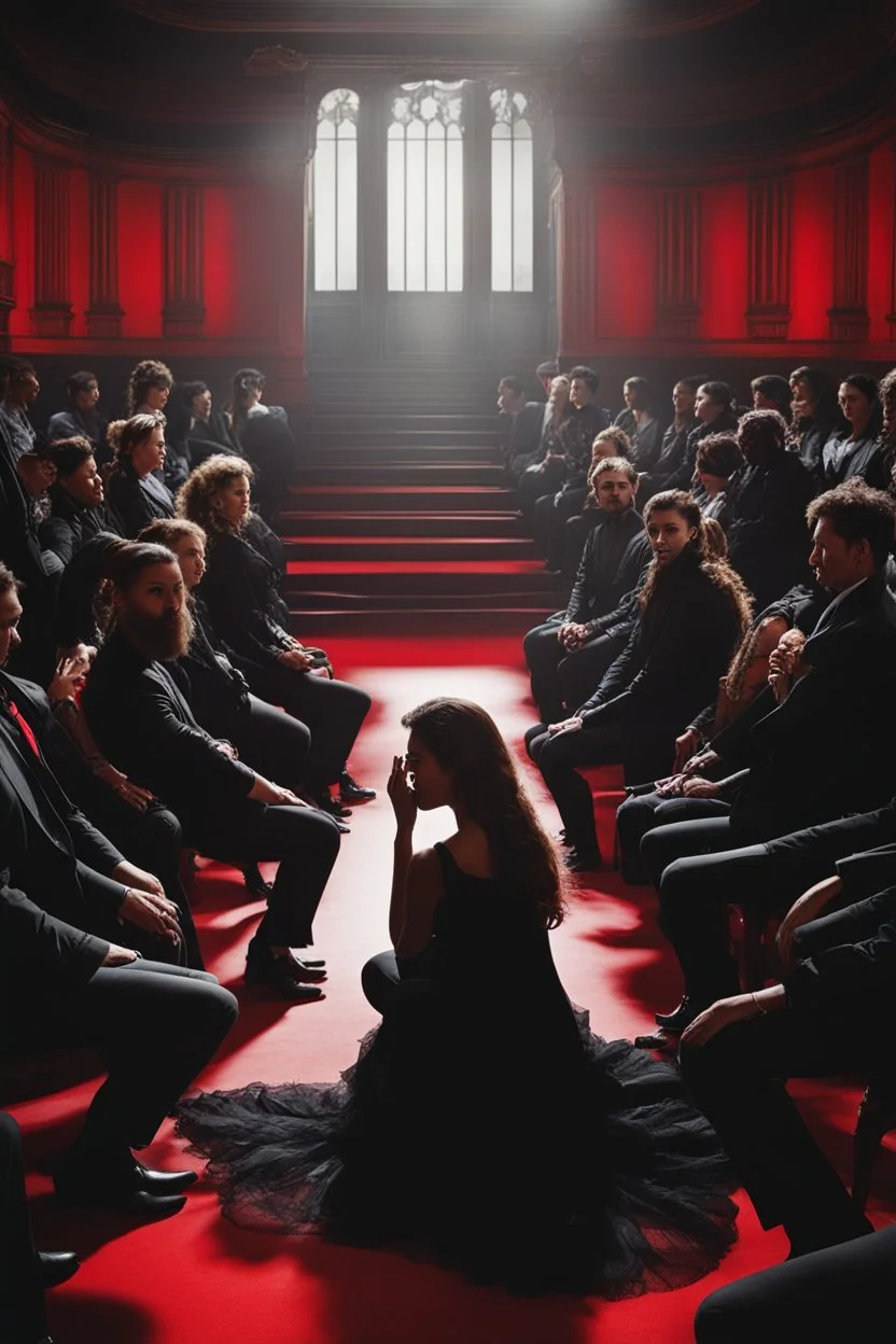 Image of a woman sitting alone, surrounded by shadowy figures whispering in her ear, suggesting the influence of manipulation and dark psychology on individual perceptions of attractiveness Give it a very dark frightening vibe. Use black and red theme.