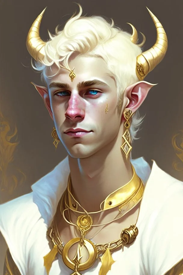 A young tiefling man, with white blonde hair who dresses in gold and white, wearing jewelry