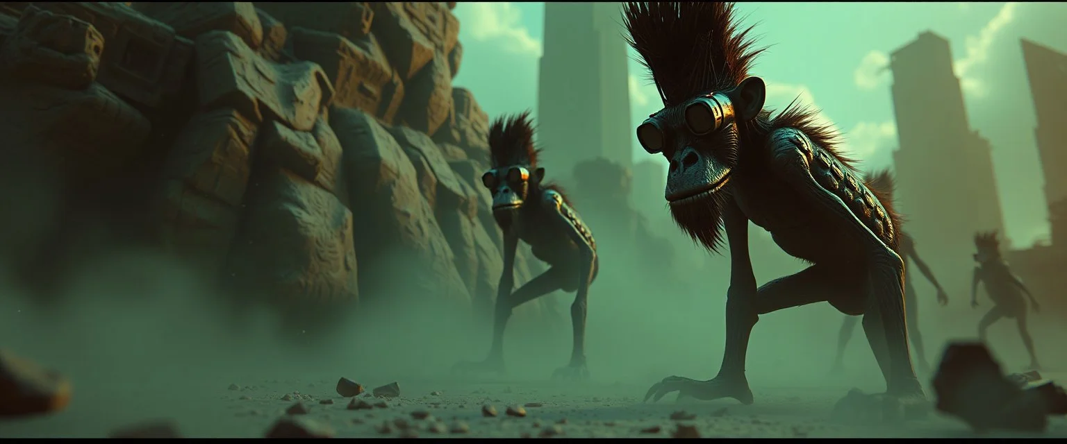 scene from gorillaz music video, 3D anime cinematic, Maciej Kuciara – cinematic sci-fi concept art.