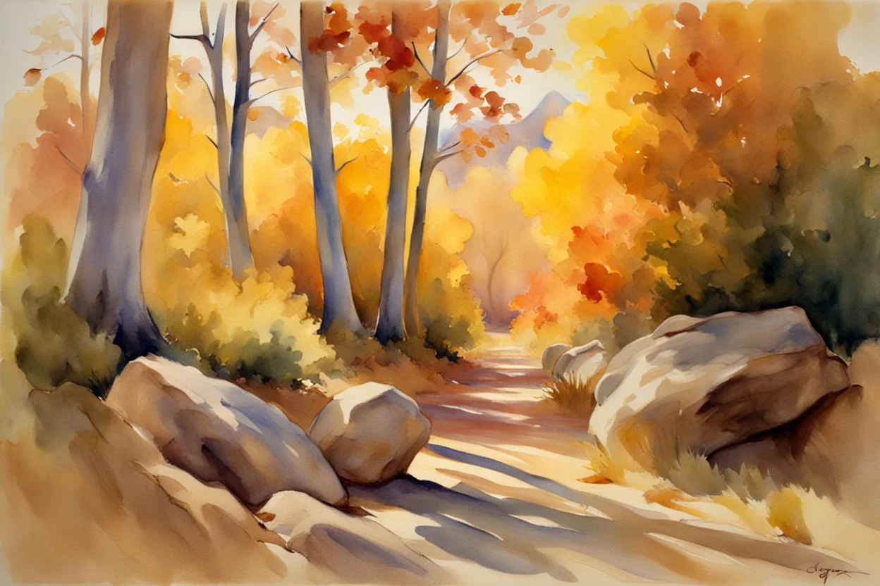 Sunny day, autumn trees, rocks, fantasy, mountains, epic, john singer sargent watercolor paintings