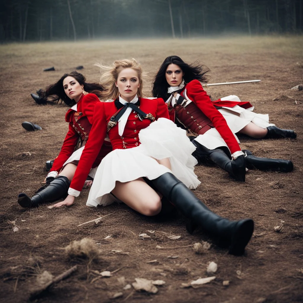 Multiple Female redcoats wearing thigh high boots and short white skirts lying dead on the battlefield