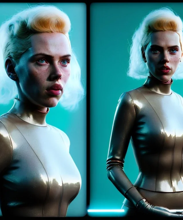 retro sci-fi portrait image from 1980, supermarket parking explosion, fire, scared people, blonde woman walking, young Scarlett Johansson face, tight latex suit, soft color, highly detailed, unreal engine 5, ray tracing, RTX, lumen lighting, ultra detail, volumetric lighting, 3d, finely drawn, high definition, high resolution.