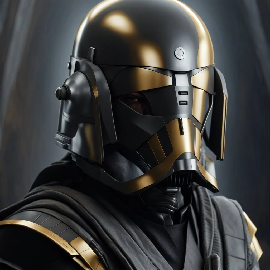 star wars bald male corellian pilot wearing dark gunmetal grey and black First Order special forces TIE pilot armored flightsuit and helmet with gold trim inside the jedi temple, centered head and shoulders portrait, hyperdetailed, dynamic lighting, hyperdetailed background, 8k resolution, volumetric lighting, light skin, fully symmetric details