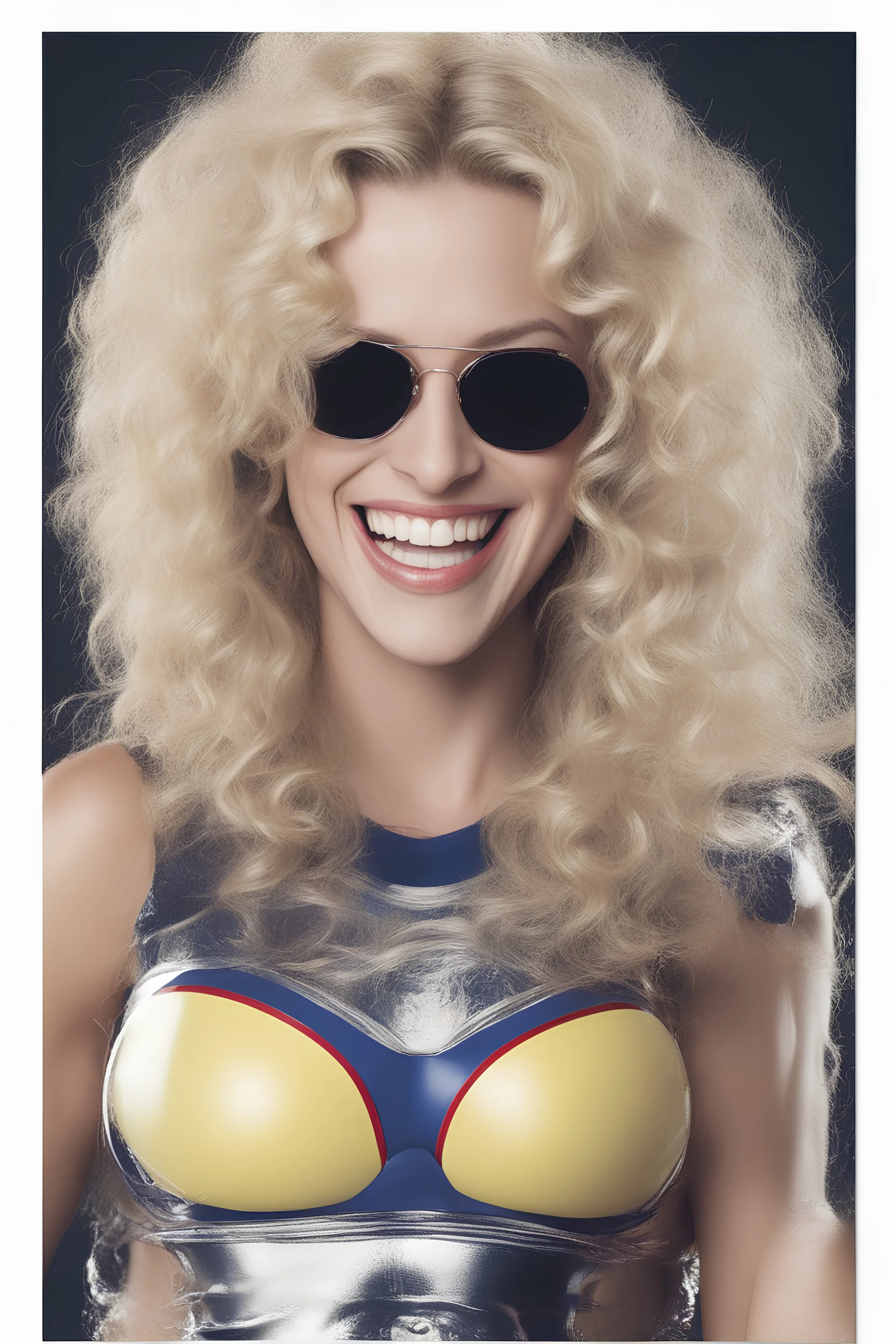 extremely tiny, thin, beautiful Sheena Greane with long, wavy curly blonde hair, wearing a wearing swimming gear, smiling a happy smile, extremely giant, oversized, humongous orbs, pitch black background, professional quality studio 35mm 8x10 uhd photograph, sunglasses