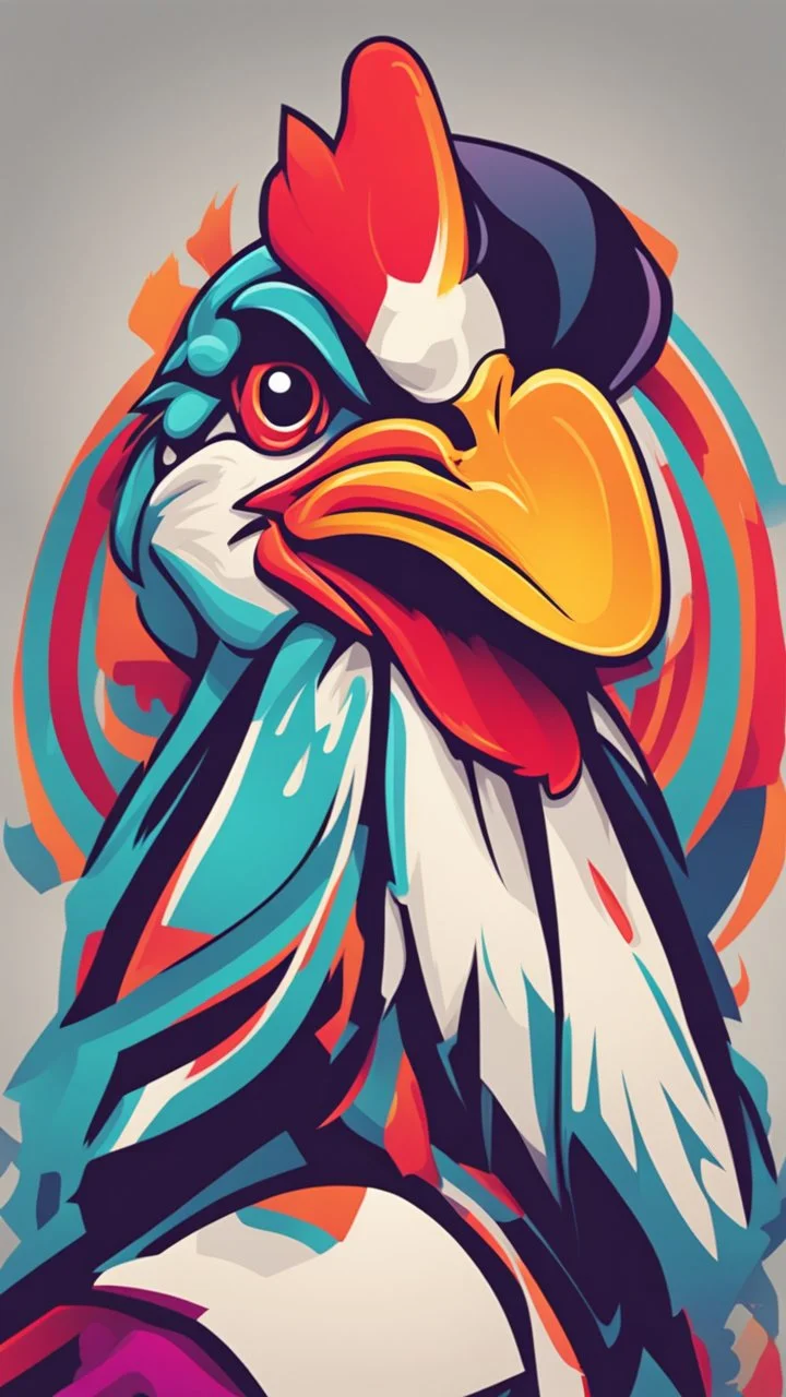 Design a vibrant, gaming-influenced logo of a chicken, featuring bright colors and a dynamic lighting scheme. Incorporate abstract shapes and textures to create an eye-catching composition.