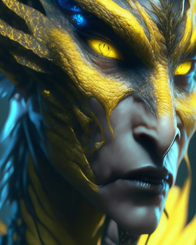 A Na'vi Dragon with large yellow eyes, tattooed skin, starring directly into the viewer, centered, 8k resolution concept art portrait by Greg Rutkowski, Artgerm, WLOP, Alphonse Mucha dynamic lighting hyperdetailed intricately detailed Splash art trending on Artstation Unreal Engine 5 volumetric lighting, by Hajime Isayama, H R Giger, Boris Vallejo, triadic colors