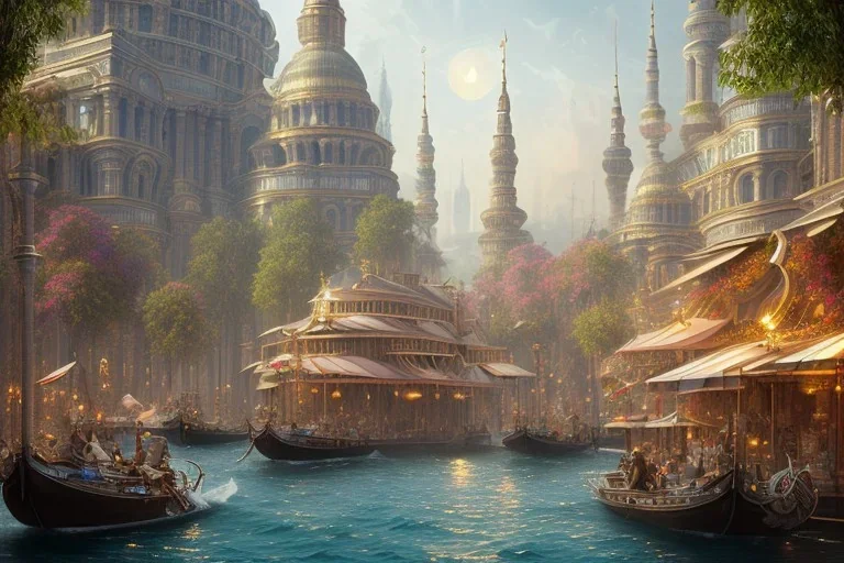 Boat restaurants in front of Empire Metropolis+hanging garden of babylon+karnaca+rome+istanbul+Burano+barocco Skyscraper+steampunk+colorful city,alphonse mucha,greg rutkowski,matte painting, cryengine