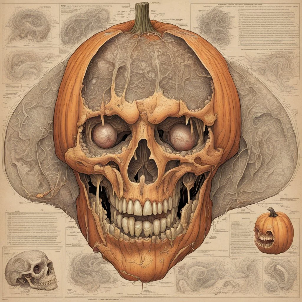 Cutaway schematics of spooky Halloween Pumpkin jack-o-lantern, wet visceral rictus tendons sloppy bile pumpkin spilling intestine guts; by George Herriman, by Godmachine, by Jeremy Mann; looks like D&D Monster Manual; hyperreal; rich orange, black, and red color scheme; intricate complex detail, grossly sinister.