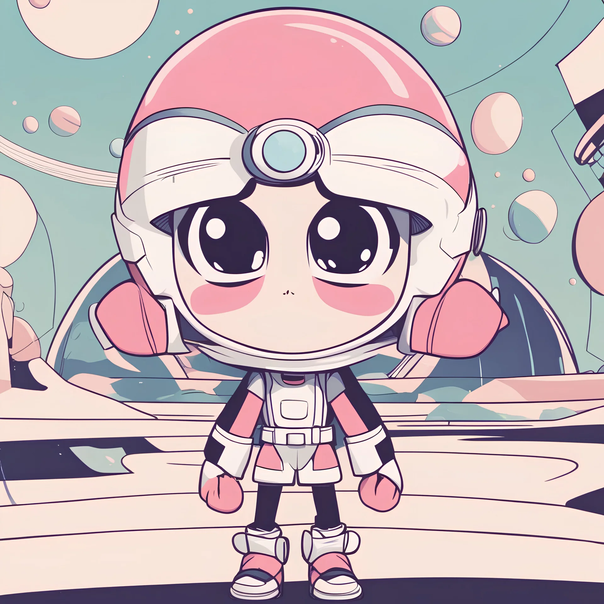 The futuristic kid character. They have a big head and a purse on their thick upper lips, and their eyes are enormous. The background is set on Saturn.