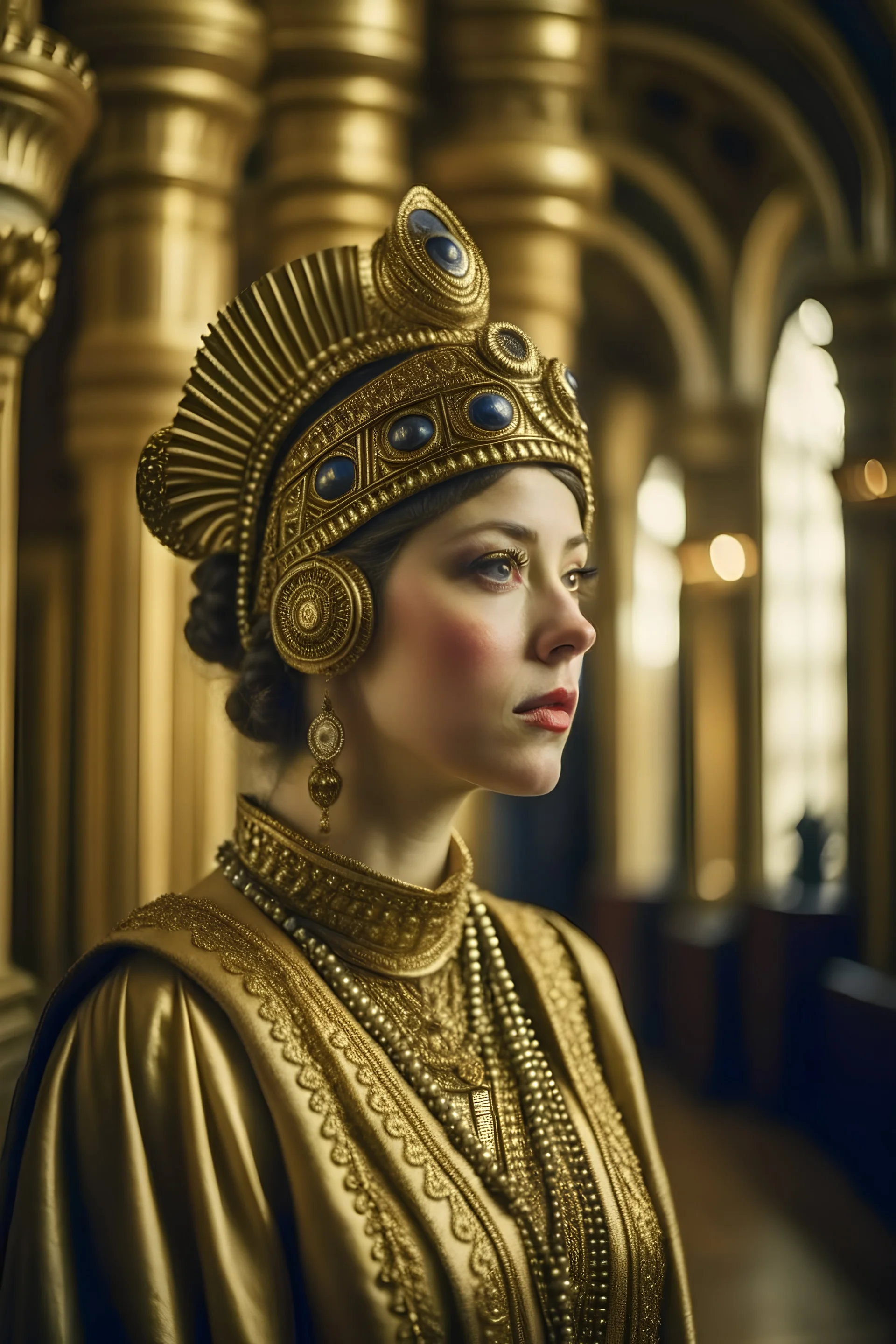 subject: closeup shot of a theatrically and ornately-costumed aristocratic character from a contemporary 1930s retro-futurism epic science fiction fantasy space opera live-action movie; setting: art deco retro-futuristic gilded brutalist palace interior; style influences: miniamalistic design aesthetic, gritty, realistic, baroque, byzantine, industrial, futurism, art deco, cinematic, atmospheric, short-depth-of-field, bokeh, photographic