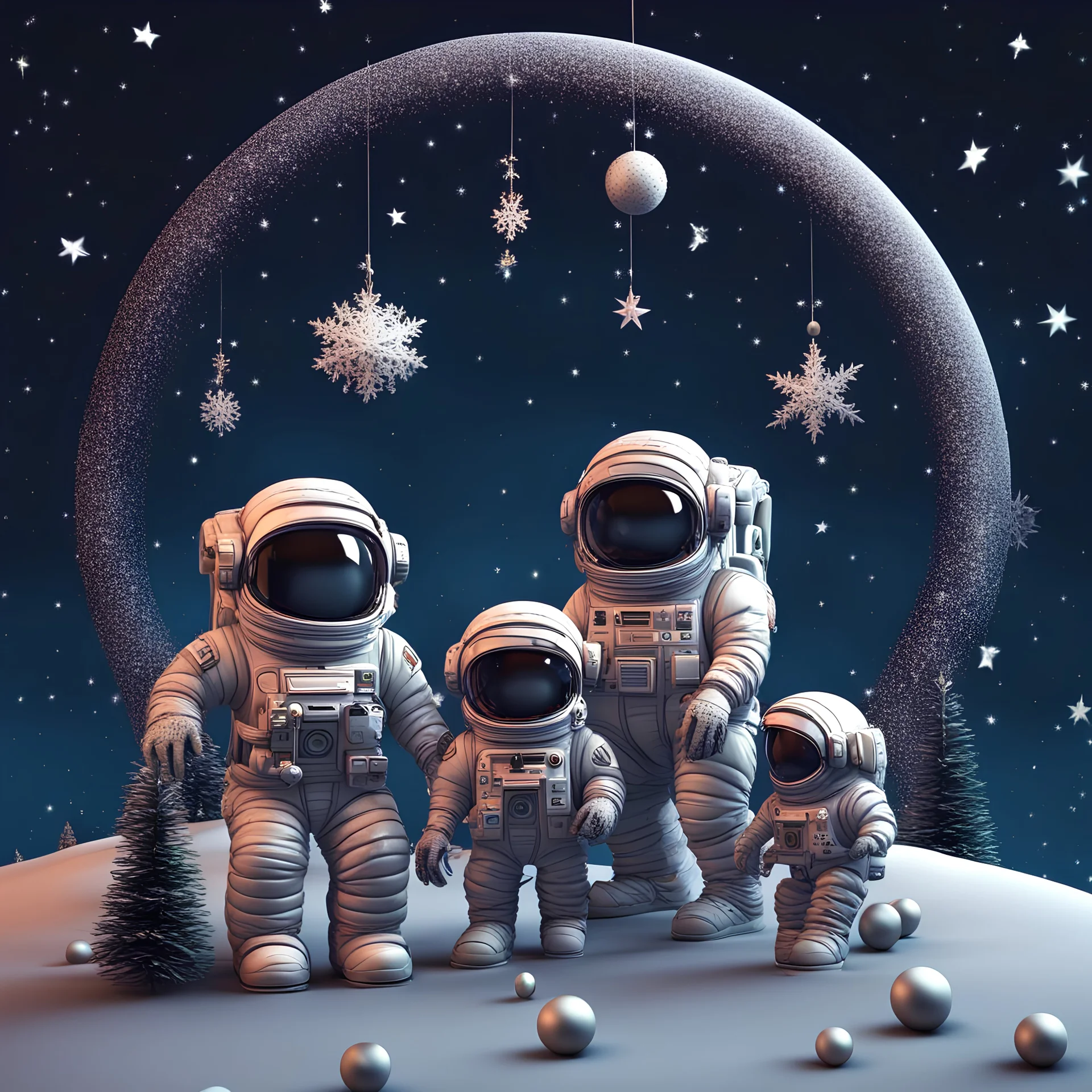 3d hd whimsical stylized fractal recursive gothic majestic Astronaut family celebrating Christmas on the moon with Christmas decorations background