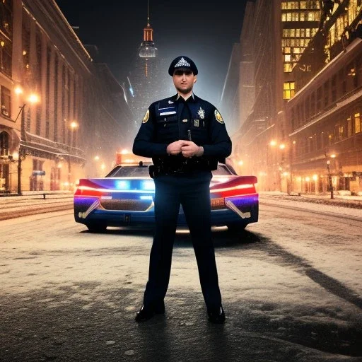 large muscular police officer standing, beside a police car at night, downtown snowy new york at night, dramatic, dramatic lighting, volumetric lighting, hyperrealism, 8k, high quality, photorealistic, lot of details