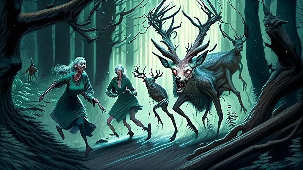 lovecraftian styled resurrected unhappy single deer chasing the older drunk lady through the forest while the survivors in his deer family watches with relief