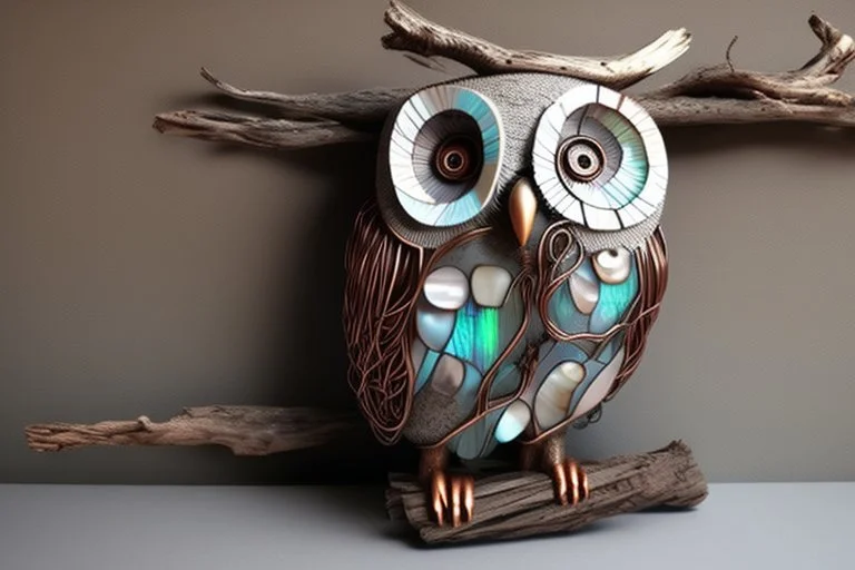 owl made of driftwood, concrete, mother-of pearl and copper wire