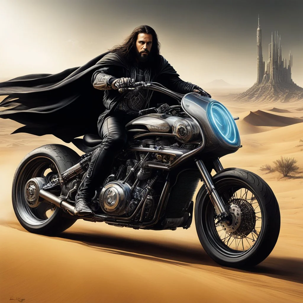 [speedy sci-fi concept design by H. R. Giger] Jesus Christ rides a cyberpunk style motorcycle with big engine, in the desert