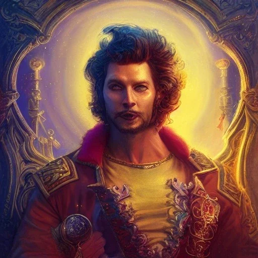 Arthur Kulkov, Russian, circus, ringleader, portrait, handsome, ringleader, muscular, detailed matte painting, fantastical, intricate detail, 8k resolution, concept art portrait by Greg Rutkowski, mystical colors, Golden hour, colorful galaxy foreground, lisa frank fantasy, neon pastel color palette, beautiful colorful interesting detailed storybook fantasy