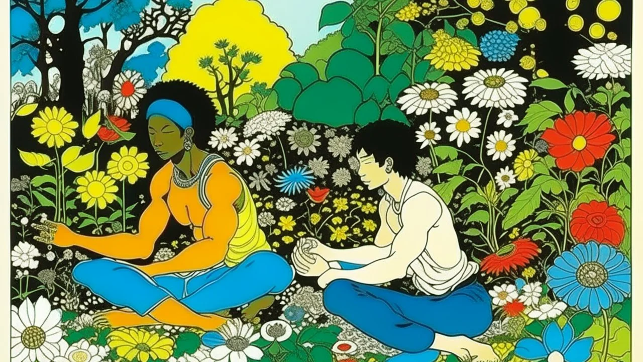 An illustration by Kuniyoshi and Basquiat of of individuals practicing yoga surrounded by blooming flowers and lush vegetation.