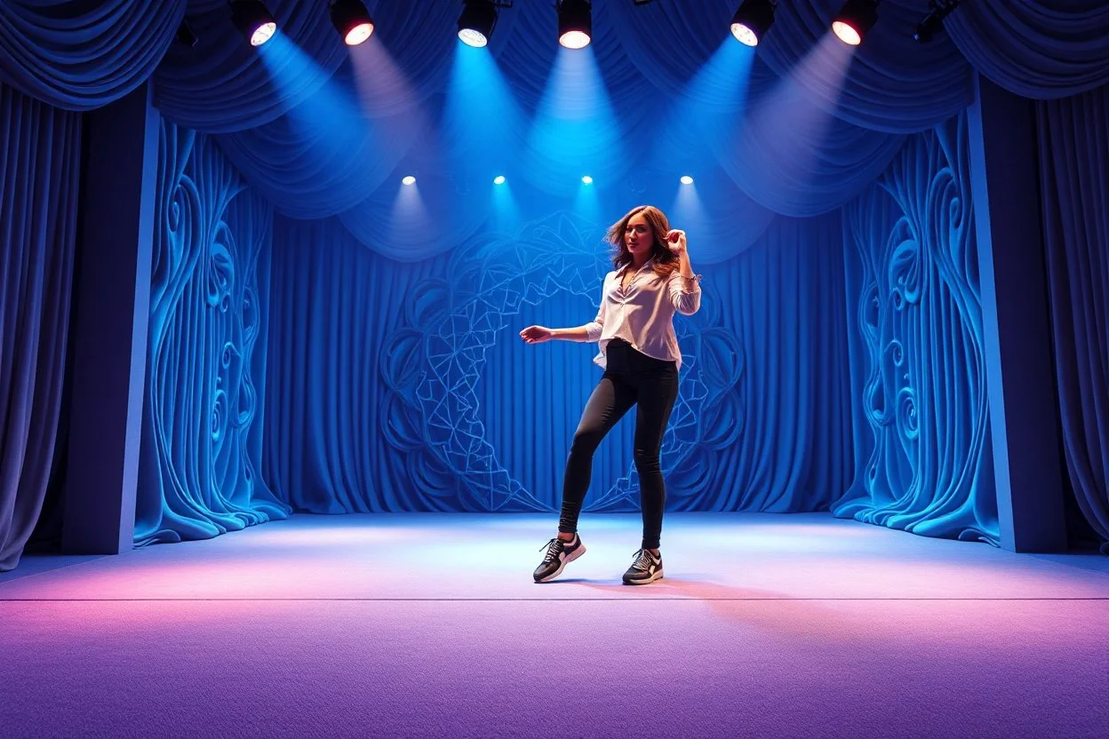 modern stage with gray-blue theme artistic decoration , color full dynamic lighting, a beautiful lady in pants and blouse with sport shoes dancing, 3D recursive fractal structure animating background