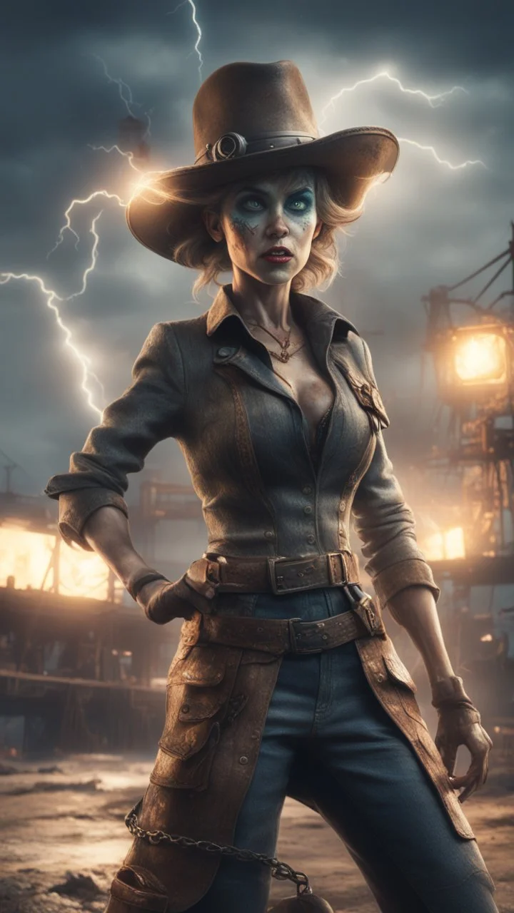 flashy magazine cover illustration, fallout 4 docks setting, horror weird cowboy wizard alien in female garments, getting hit by lightening electric arc, with big disturbed eyes,bokeh like f/0.8, tilt-shift lens 8k, high detail, smooth render, down-light, unreal engine, prize winning