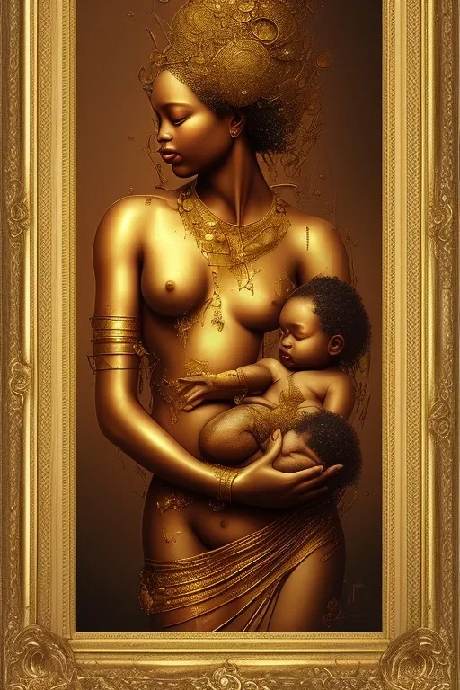 an abstract painting of gold metal and flowers, gold shinny African young mother breast feeding her baby, rust, scaffolding, iron cladding, decay, mixed media, textured, anatomically correct, beautiful perfect face, sharp focus, highly detailed