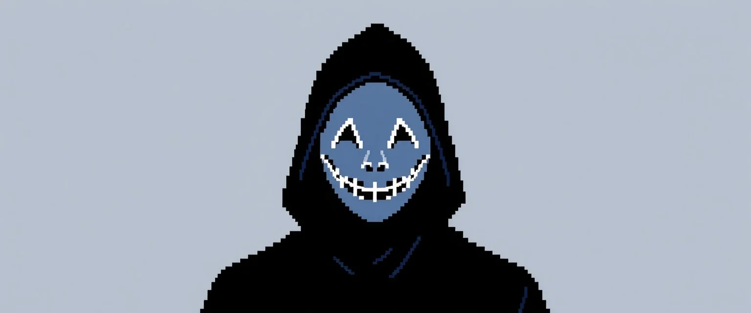 8 bit pixelart of a shadow figure with a white smooth wide smiling mask
