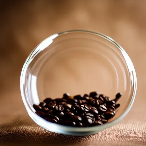 cinematic shot of coffee beans inside a glass bowl, glass, crystal, dewdrops, warm lighting, soft lighting, sunbeam, linen